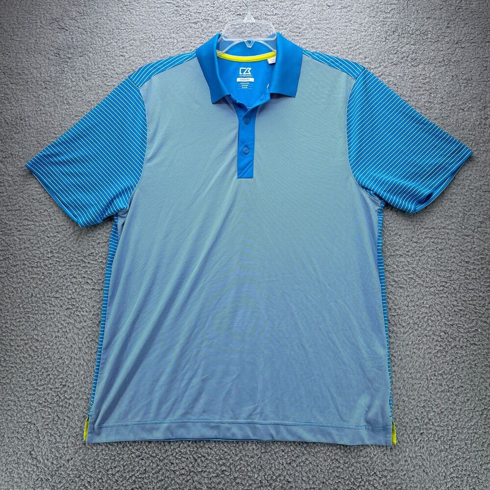 Cutter & Buck Polo Shirt Mens Large Blue Stripes CB DryTec Golf Casual Sport